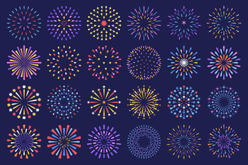 Flat festive firework. Celebration fireworks display show, isolated decorative vector set