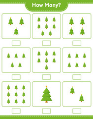 Counting game, how many Christmas Tree. Educational children game, printable worksheet, vector illustration