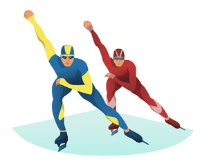 Fototapeta na wymiar Muscular build athletes in sportswear overcome the distance on ice skates. Vector flat design illustration front view. Winter sports ice-skating.