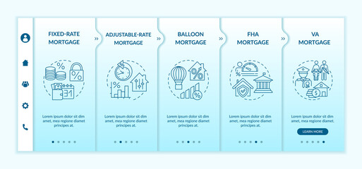 Mortgage loan types onboarding vector template. Adjustable-rate mortgage. Veterans affairs type. Responsive mobile website with icons. Webpage walkthrough step screens. RGB color concept