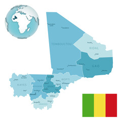 Obraz premium Mali administrative blue-green map with country flag and location on a globe.