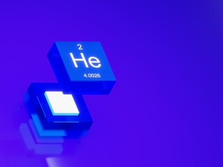 Helium symbol element from the periodic table blue glass cube orthographic view
