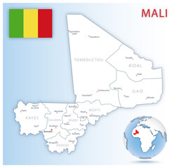 Fototapeta premium Detailed Mali administrative map with country flag and location on a blue globe.