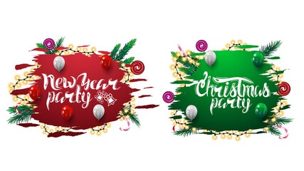 Collection of Christmas party invitation web banners with abstract ragged shapes decorated with Christmas tree branches, candy and garland isolated on white