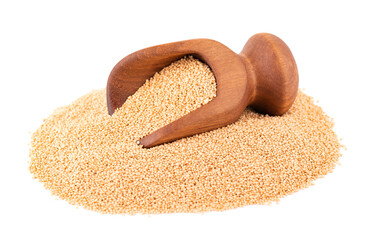 Amaranth seeds in wooden scoop, isolated on white background. Organic dry raw amaranth beans.