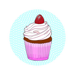 Logo bakery cupcake. Cake on a blue circle. Cupcake with raspberry. Vintage. Isolated vector object. Hand drawing.
