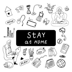 Set of doodls work at home. Woman freelancer, sitting cross-legged, works for computer remotely from home. Flexible, home bases, part time job. Doodle illustration for web banners.
