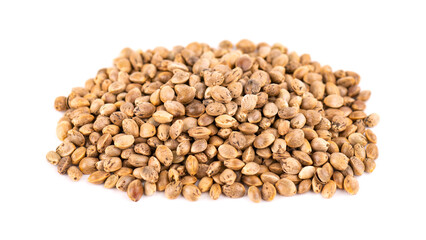 Hemp seeds isolated on white background. Dry seeds of cannabis, hemp or marijuana.