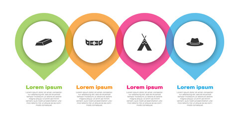 Set Gold bars, Kayak or canoe and paddle, Indian teepee wigwam and Western cowboy hat. Business infographic template. Vector. © Vadim