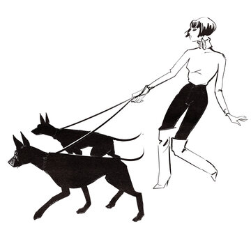 Woman with bob cut, turtleneck and over the knee boots walking two dogs 