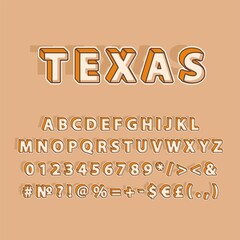 Texas header vintage 3d vector alphabet set. Retro bold font, typeface. Pop art stylized lettering. Old school style letters, numbers, symbols pack. 90s, 80s creative typeset design template