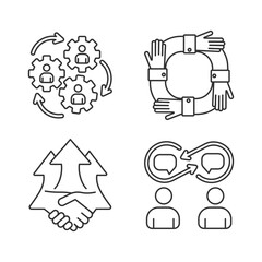 Cooperation linear icons set. Human synergy. Operating teamwork. Partnership for corporate project. Customizable thin line contour symbols. Isolated vector outline illustrations. Editable stroke