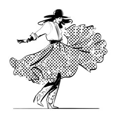 Polka dot pirouette - illustration of a southern belle twirling in a wide silk skirt