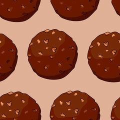 Seamless pattern from round chocolates with nuts on a beige background. Hand drawing. Vector illustration in a cartoon style.