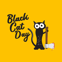 Black cat day funky banner with black cat holding bloody ax isolated on orange background. Black cat day funky concept illustration