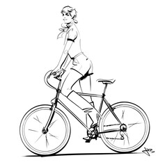 Fototapeta na wymiar Fashion illustration of a woman riding a bicycle standing on the pedals.