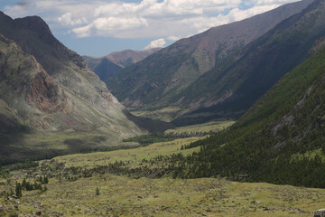 mountain landscape of taiga mountains and blue sky