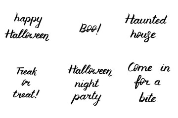 Set of Halloween vector lettering illustrations. Black hand drawn letters isolated on white. Hand drawn quote for print, cards, decoration. Calligraphic Inscription. Treak or treat, boo phrases