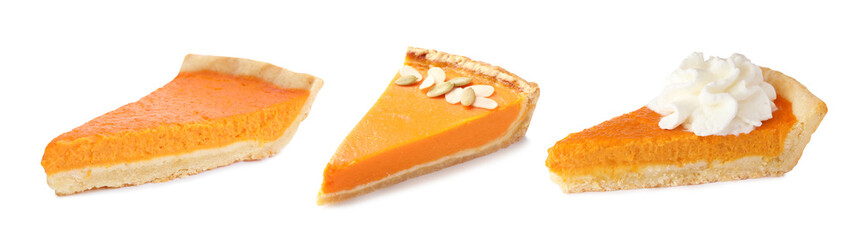 Set of tasty pumpkin pie slices on white background, banner design