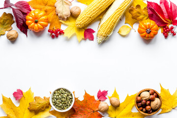 Autumn or Thanksgiving frame with leaves and pumpkins, top view