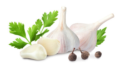 Fresh garlic with parsley and allspice on white background