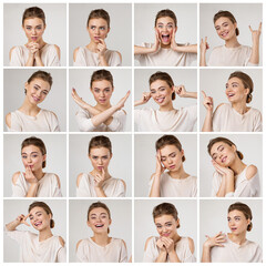 collage of portraits of young beautiful woman with different emotions and facial expressions on...