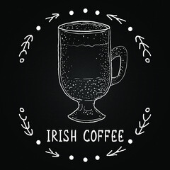 Irish coffee. Beverages on blackboard chalk illustration. Vector white chalk hand drawn mug and beverage with decor. Winter drinks for menu