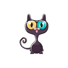 cute black halloween cat isolated on white background. Cartoon happy black witch kitten with big eyes