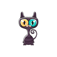 cute black halloween cat isolated on white background. Cartoon happy black witch kitten with big eyes