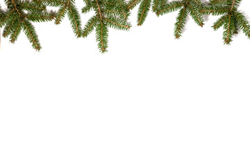 Obraz premium Christmas frame made of fir branches, red berries. Christmas wallpaper. Flat lay, top view, copy space