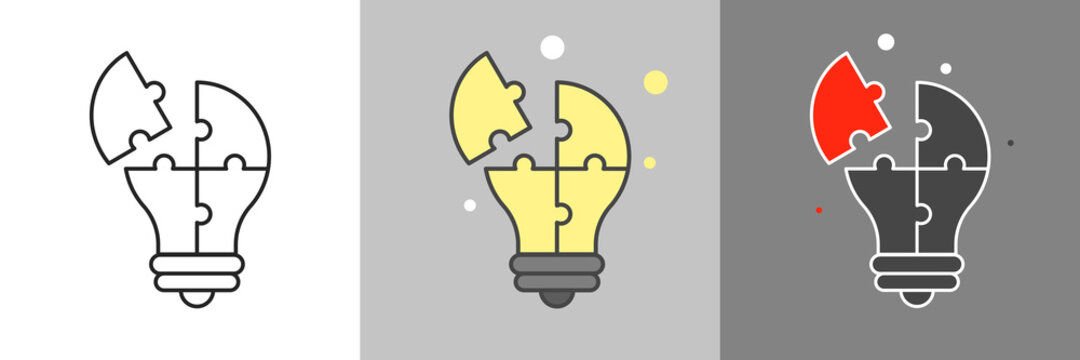 Light bulb made of puzzle pieces as idea concept.  Flat style illustration. Isolated. 