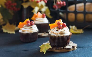 Pumpkin muffins cupcakes decorated with meringue, berries and pieces of pumpkin on black wooden table with autumn leaves in background. Selective focus