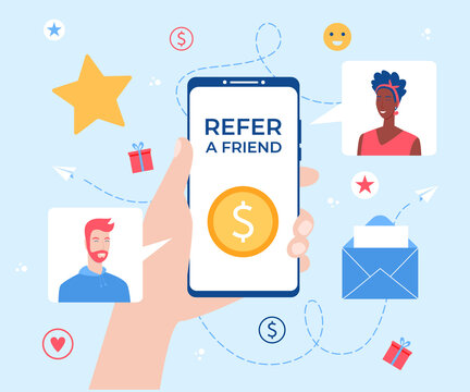 Refer a friend concept. Smartphone with gift box in hand. 