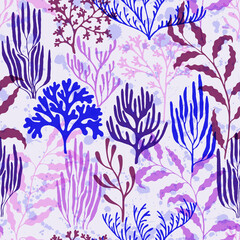 Coral polyps seamless pattern., Mediterranean staghorn and pillar corals bushes.