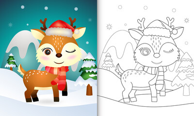 coloring book with a cute deer christmas characters with a santa hat and scarf
