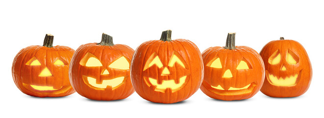 Set of carved Halloween pumpkins on white background. Banner design