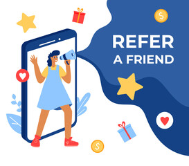 Refer a friend concept. Girl with megaphone. 