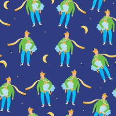 Little prince seamless pattern as texture, background, wallpaper, print backdrop, flat vector stock illustration with random little prince, moon, sheep