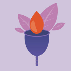 Menstrual cup and leaves isolated as concept of eco menstruation, feminine hygiene, flat vector stock illustration with menstruation and blood drop