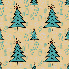 Seamless vector of free hands christmas tree on pastel pink background for making many kinds of online and offline media, paper printing or fabric work