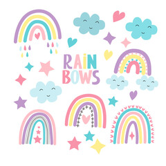 Set of multicolored rainbows, clouds, stars and the inscription - rainbow. For the design of postcards, posters, prints for children clothing, notebook covers, wrapping paper