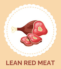Obraz premium Isolated in circle with text lean red meat icon. Natural organic meat for culinary. Healthy eating, keeping diet. Delicious food, meat at bone. Ingredient, food, vector icon with cutted peaces of meat