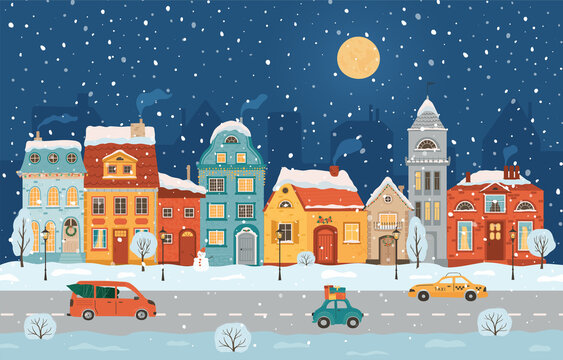 Winter night city in retro style. Christmas background with houses, moon, cars. Cozy town in a flat style. Cartoon vector illustration.