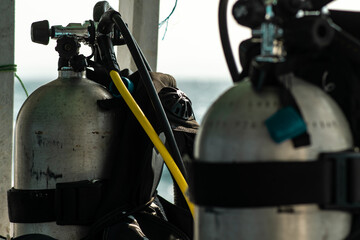 View of two scuba diving oxygen tanks equipment in metal