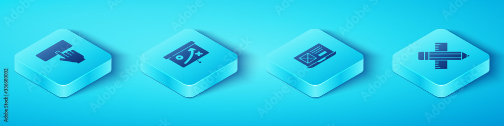 Poster Set Isometric Keyboard, Planning strategy concept, Crossed ruler and pencil and UI or UX design icon. Vector.