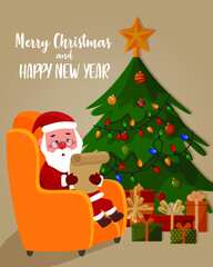 Santa Claus reads letters in an armchair, against the background of a Christmas tree. Vector cartoon illustration.