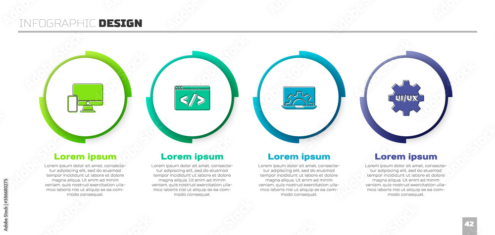 Wall mural set monitor and mobile, front end development, web and ui ux design. business infographic template. 