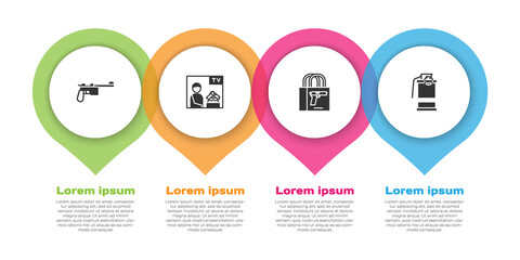 Set Mauser gun, Advertising weapon, Buying pistol and Hand smoke grenade. Business infographic template. Vector.
