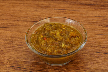 Green spicy sauce in the bowl
