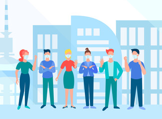 A group of young people against the backdrop of a big city say STOP to the coronavirus epidemic